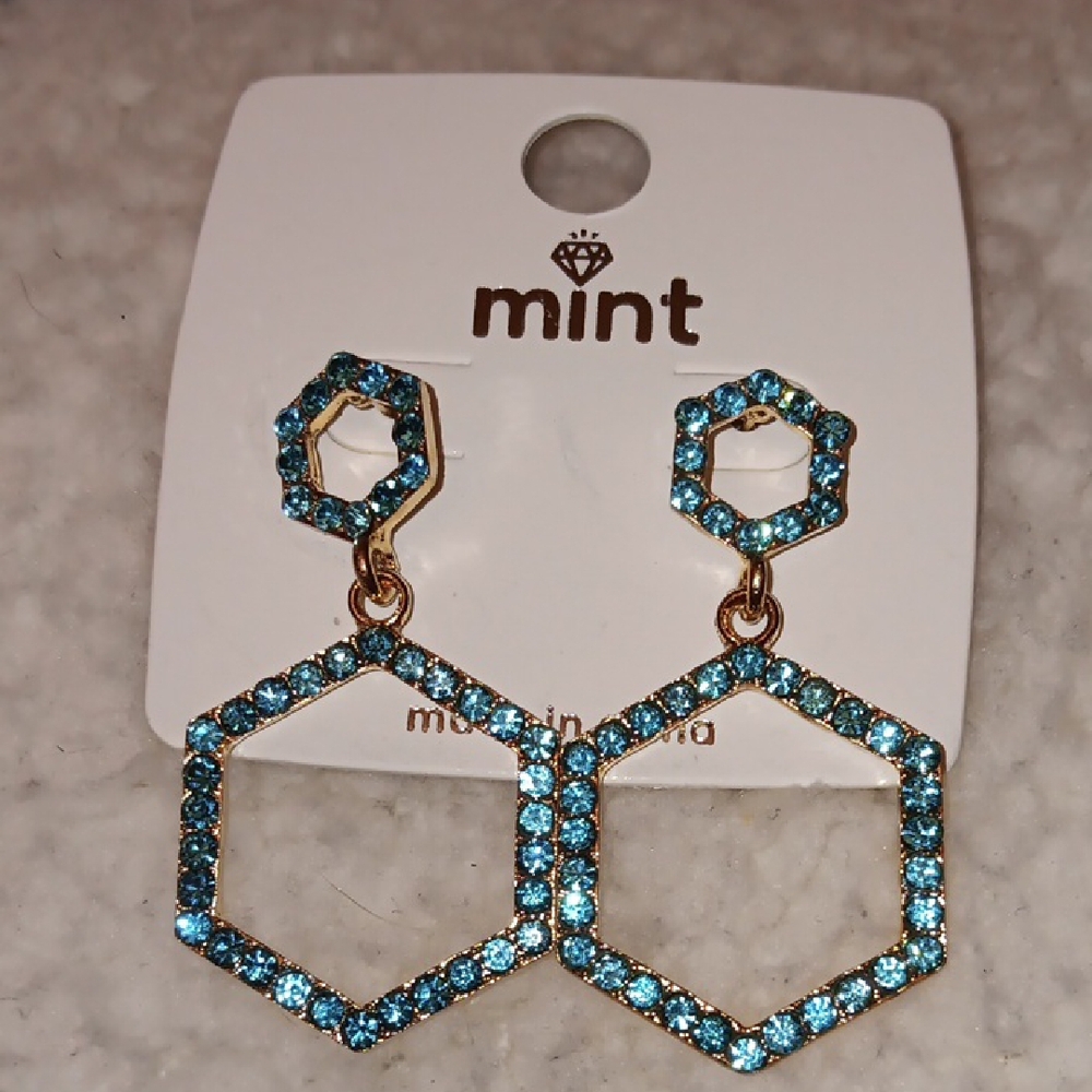 Mint Blue and Gold Hexagon Drop Earrings